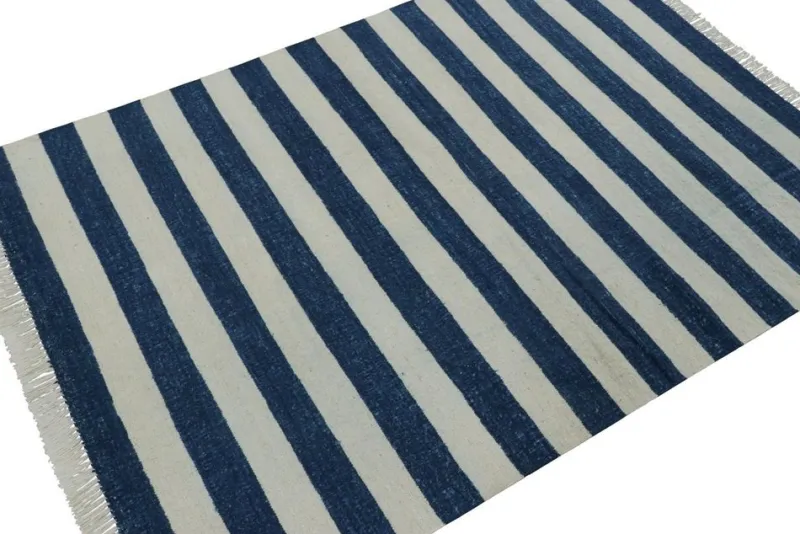 Pamono Indian Dhurrie Rug with Blue and White Stripes from R&K Principal Jahanshah Nazmiyal> Carpets & Textiles|Carpets & Textiles