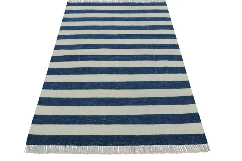 Pamono Indian Dhurrie Rug with Blue and White Stripes from R&K Principal Jahanshah Nazmiyal> Carpets & Textiles|Carpets & Textiles
