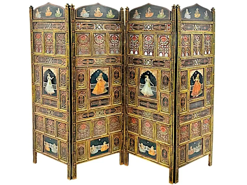 Online Pamono Indian Polychrome Screen, Early 20th Century
