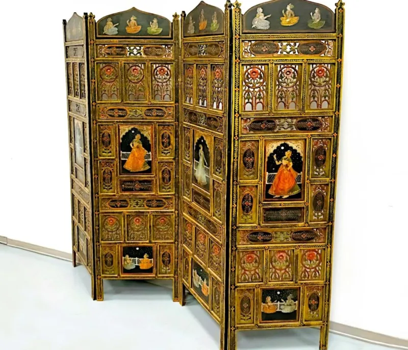 Online Pamono Indian Polychrome Screen, Early 20th Century