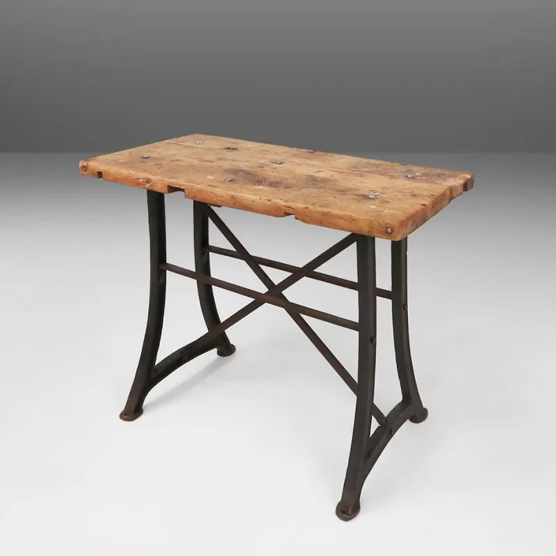 Pamono Industrial Bistro Table with Cast Iron Legs and Wooden Top, Belgium, 1920s> Worktables & Workbenches