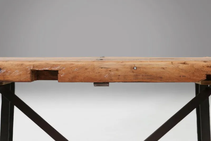 Pamono Industrial Bistro Table with Cast Iron Legs and Wooden Top, Belgium, 1920s> Worktables & Workbenches