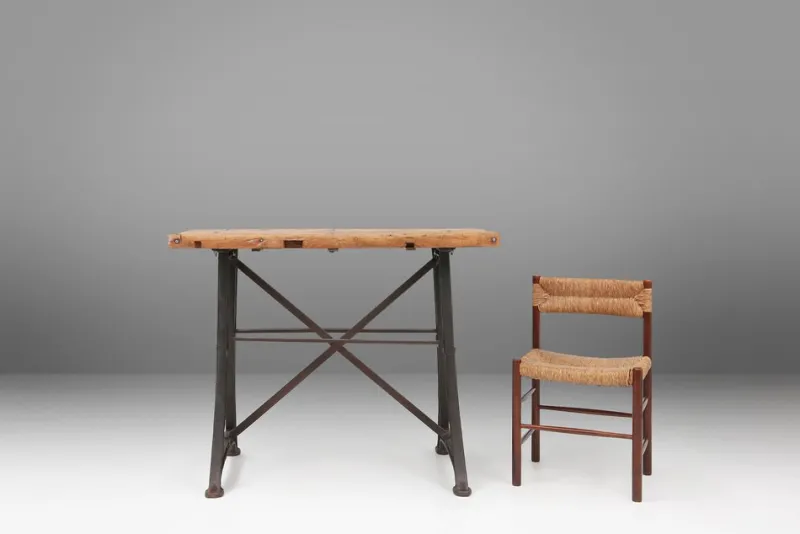 Pamono Industrial Bistro Table with Cast Iron Legs and Wooden Top, Belgium, 1920s> Worktables & Workbenches
