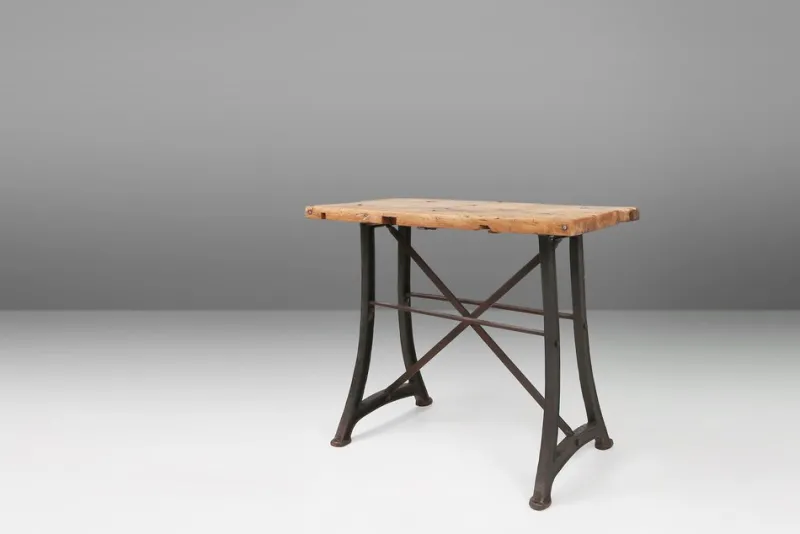 Pamono Industrial Bistro Table with Cast Iron Legs and Wooden Top, Belgium, 1920s> Worktables & Workbenches