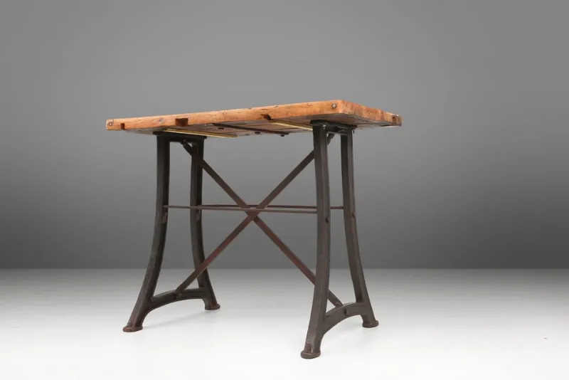 Pamono Industrial Bistro Table with Cast Iron Legs and Wooden Top, Belgium, 1920s> Worktables & Workbenches