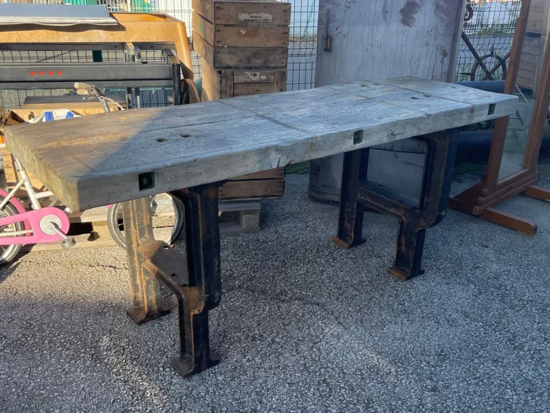Pamono Industrial Factory Workbench in Cast Iron and Wood Top, 1955> Worktables & Workbenches