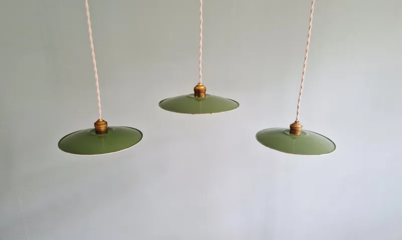 Pamono Industrial Green Pendant Lights, 1940s, Set of 3