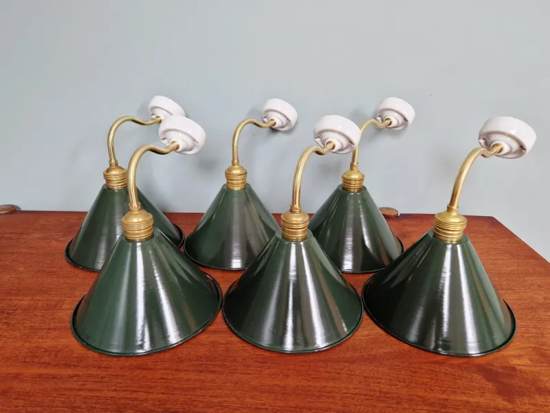 Pamono Industrial Wall Lights in Brass and Green Enamelled Sheet Metal, 1950s, Set of 2