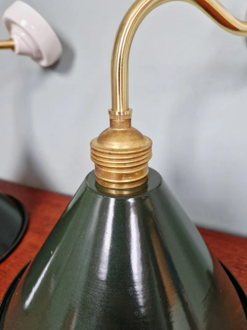 Pamono Industrial Wall Lights in Brass and Green Enamelled Sheet Metal, 1950s, Set of 2