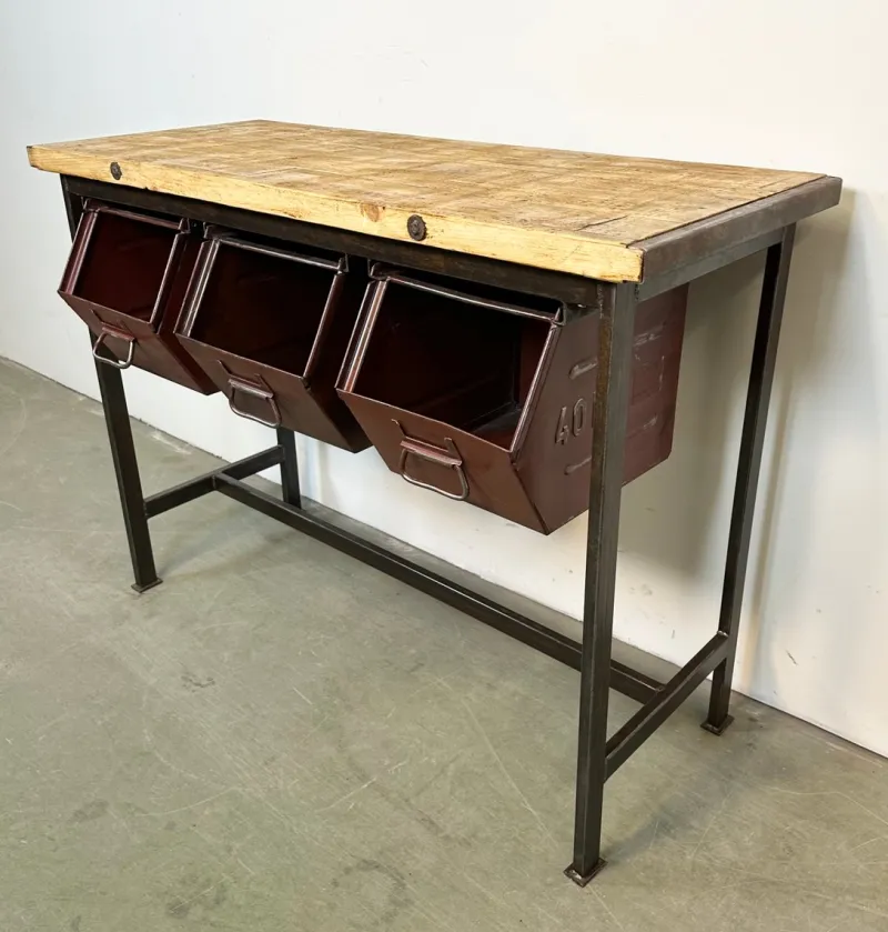 Pamono Industrial Worktable with Three Iron Drawers, 1960s