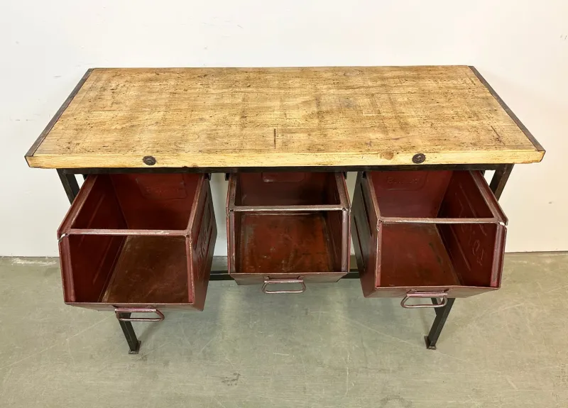 Pamono Industrial Worktable with Three Iron Drawers, 1960s