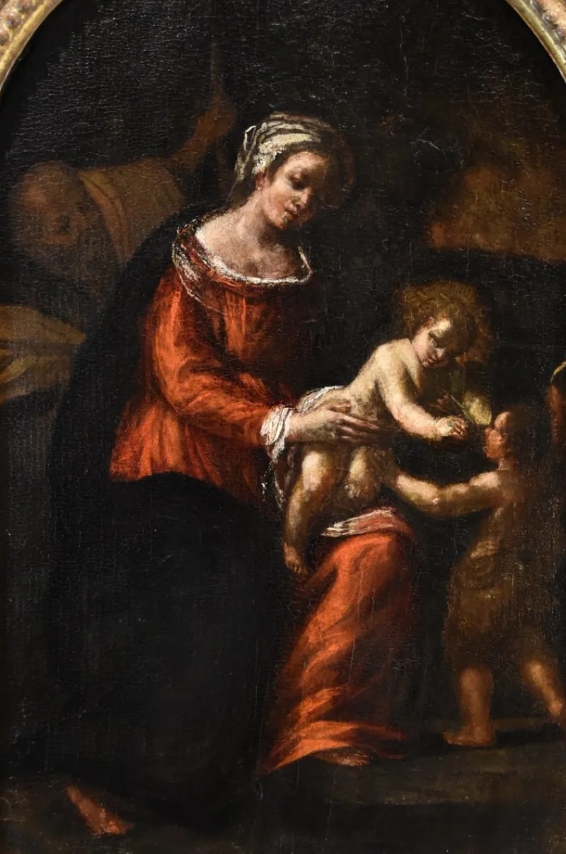 Pamono Ippolito Scarsella, Holy Family with St John, 1600, Oil on Board, Framed> Old Masters|Classical
