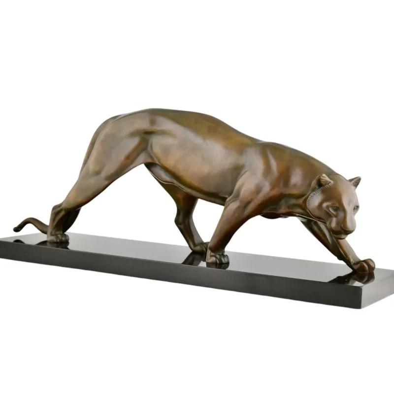 Pamono Irenee Rochard, Art Deco Sculpture of a Panther, 1930, Bronze on Marble Base> Art Deco