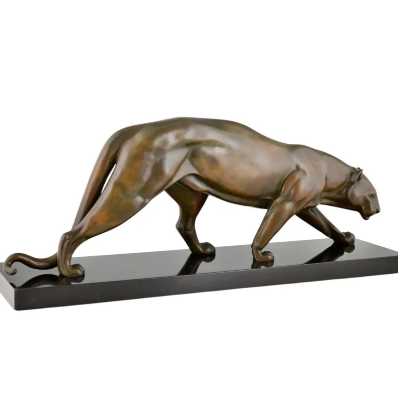 Pamono Irenee Rochard, Art Deco Sculpture of a Panther, 1930, Bronze on Marble Base> Art Deco