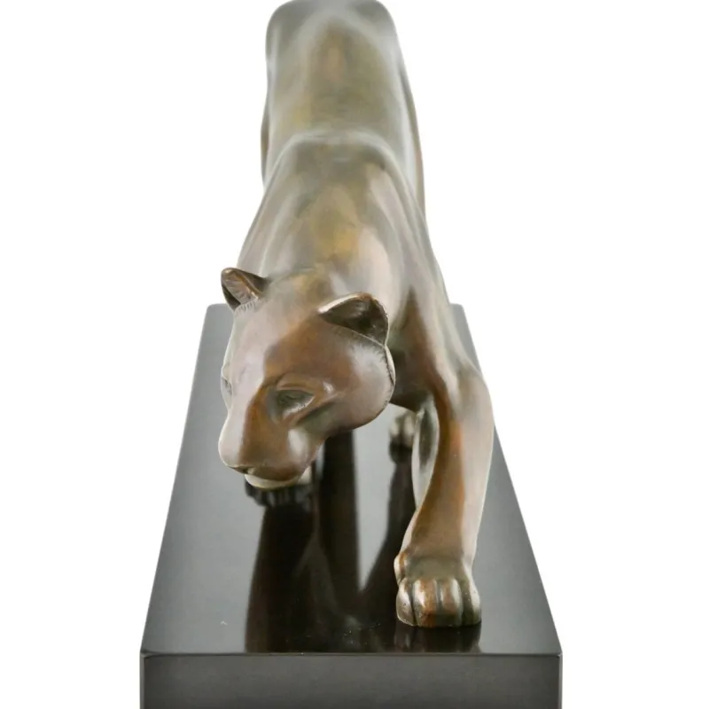 Pamono Irenee Rochard, Art Deco Sculpture of a Panther, 1930, Bronze on Marble Base> Art Deco