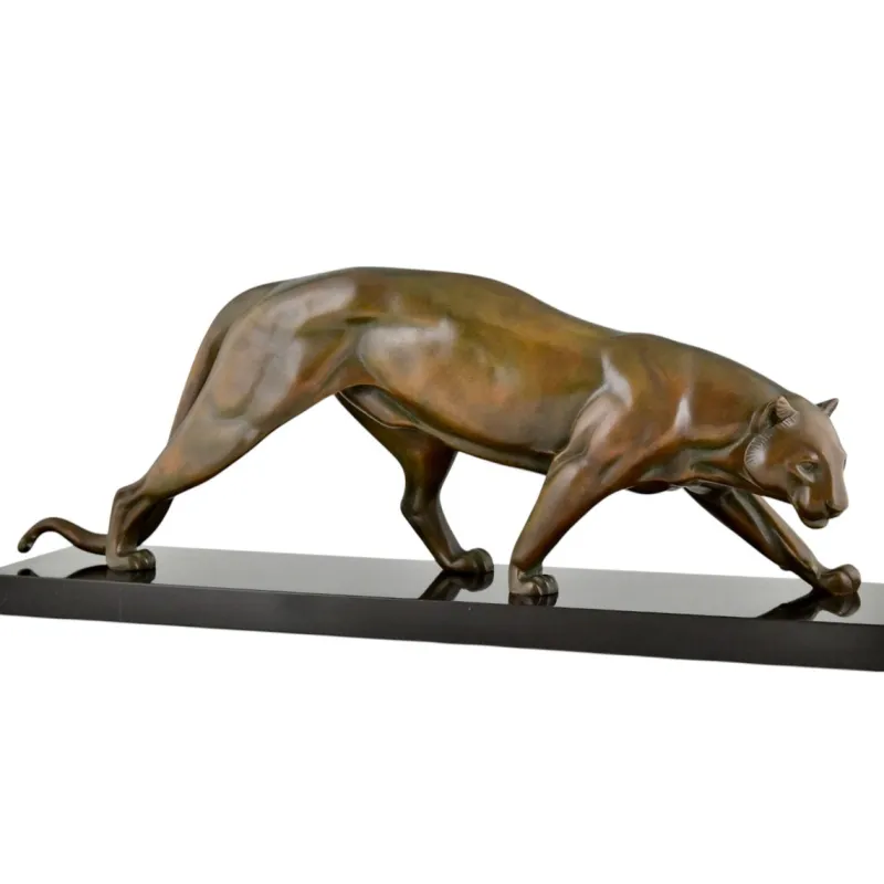 Pamono Irenee Rochard, Art Deco Sculpture of a Panther, 1930, Bronze on Marble Base> Art Deco