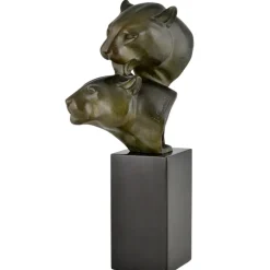 Pamono Irenee Rochard, Art Deco Sculpture with Two Panther Heads, 1930, Bronze & Marble> Art Deco