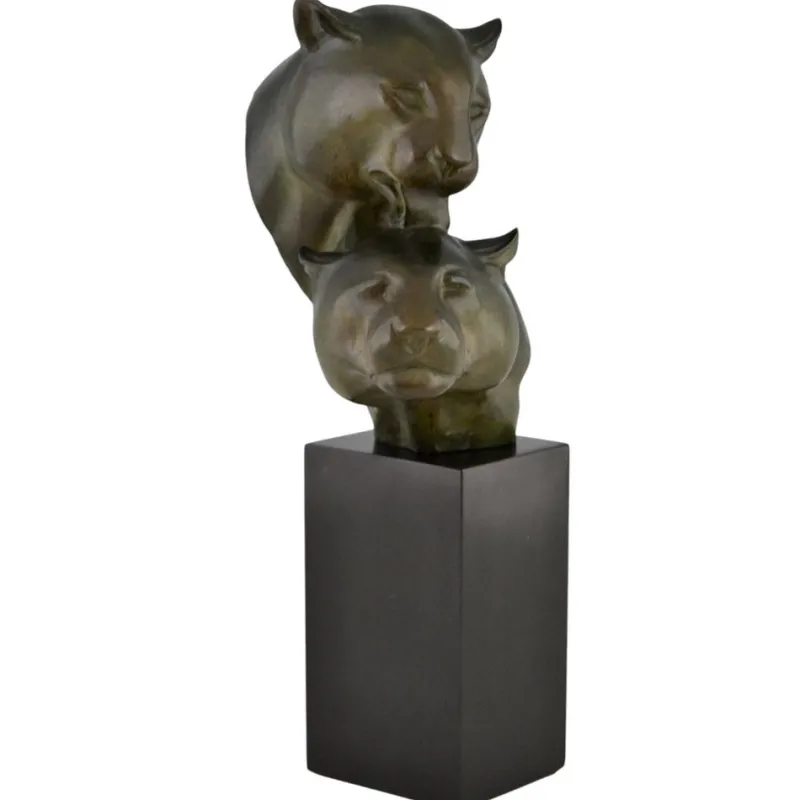 Pamono Irenee Rochard, Art Deco Sculpture with Two Panther Heads, 1930, Bronze & Marble> Art Deco