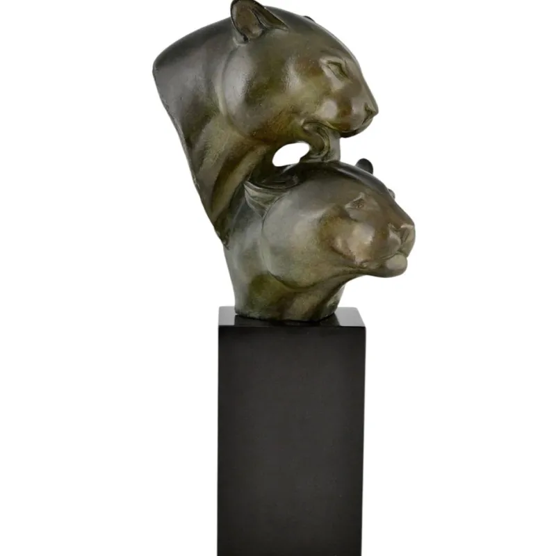 Pamono Irenee Rochard, Art Deco Sculpture with Two Panther Heads, 1930, Bronze & Marble> Art Deco