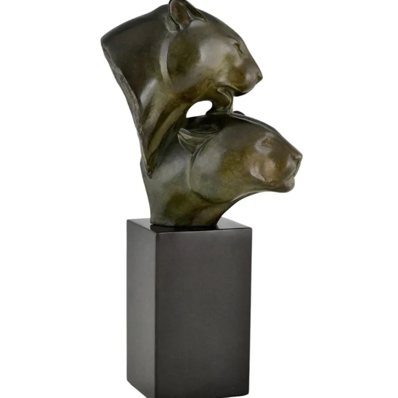 Pamono Irenee Rochard, Art Deco Sculpture with Two Panther Heads, 1930, Bronze & Marble> Art Deco