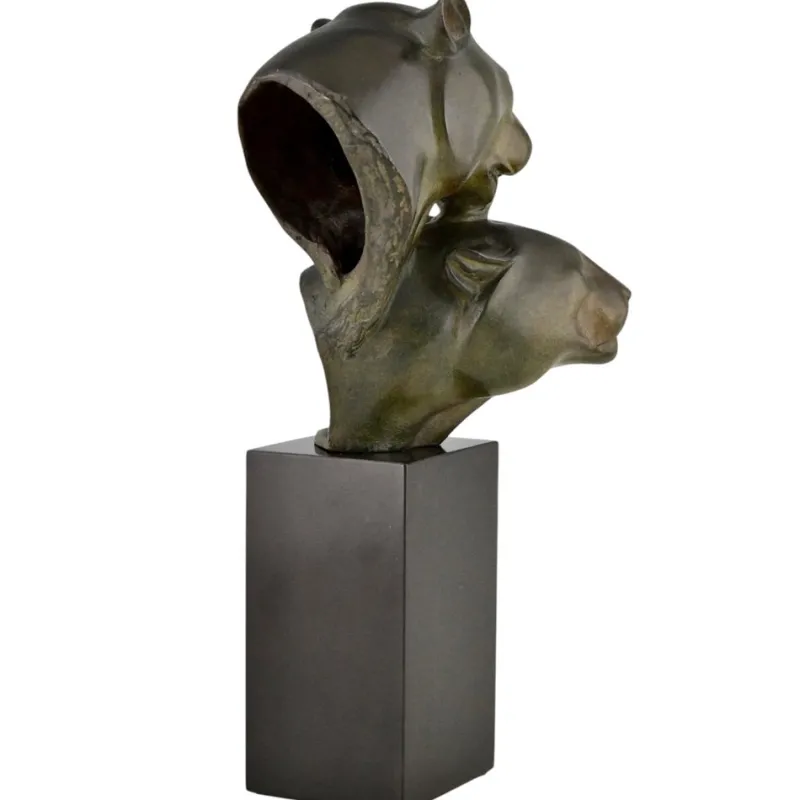 Pamono Irenee Rochard, Art Deco Sculpture with Two Panther Heads, 1930, Bronze & Marble> Art Deco