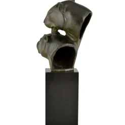 Pamono Irenee Rochard, Art Deco Sculpture with Two Panther Heads, 1930, Bronze & Marble><noscript><img width=