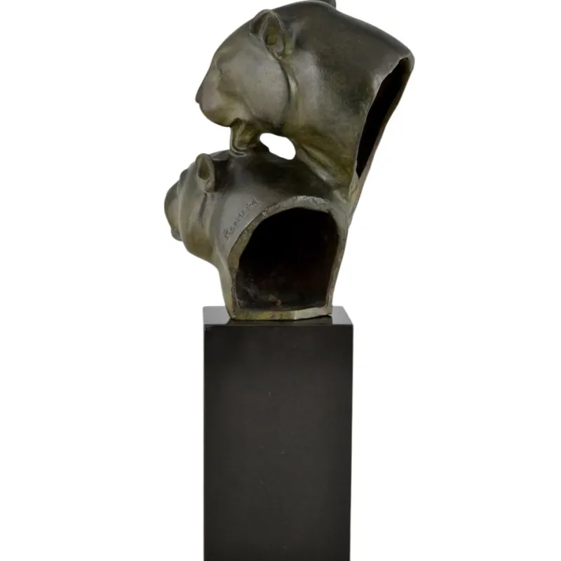 Pamono Irenee Rochard, Art Deco Sculpture with Two Panther Heads, 1930, Bronze & Marble> Art Deco
