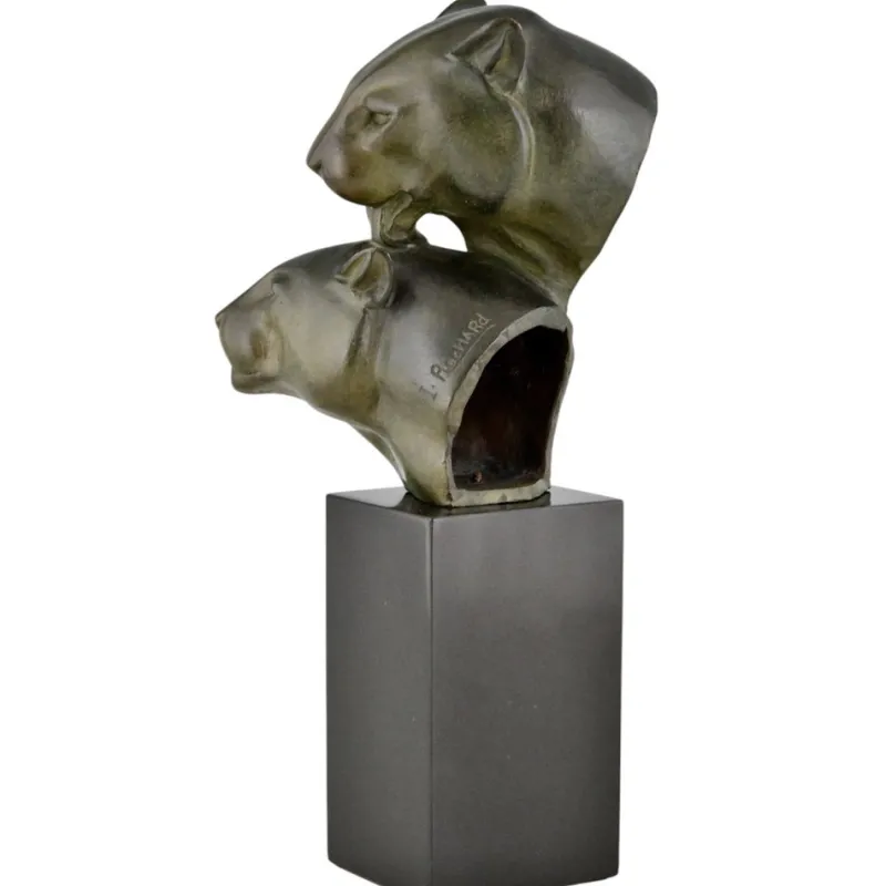 Pamono Irenee Rochard, Art Deco Sculpture with Two Panther Heads, 1930, Bronze & Marble> Art Deco