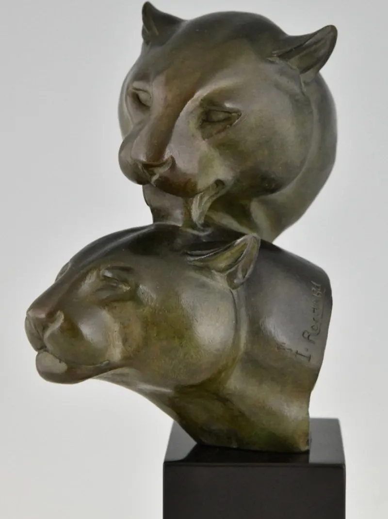 Pamono Irenee Rochard, Art Deco Sculpture with Two Panther Heads, 1930, Bronze & Marble> Art Deco