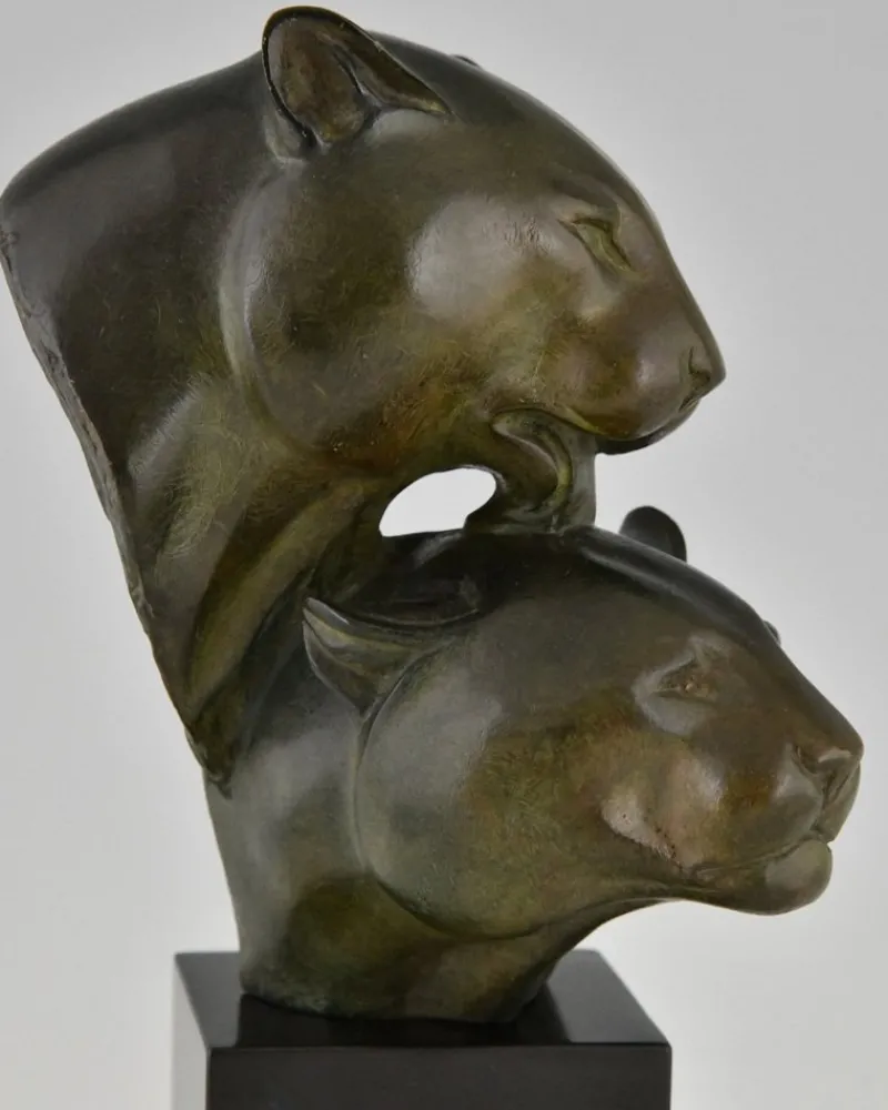 Pamono Irenee Rochard, Art Deco Sculpture with Two Panther Heads, 1930, Bronze & Marble> Art Deco