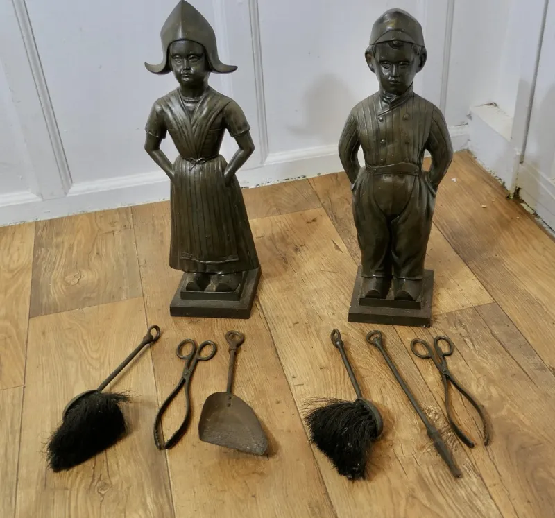 Pamono Iron Dutch Girl and Boy Companion Set, 1930s, Set of 8> Fireplaces And Mantels
