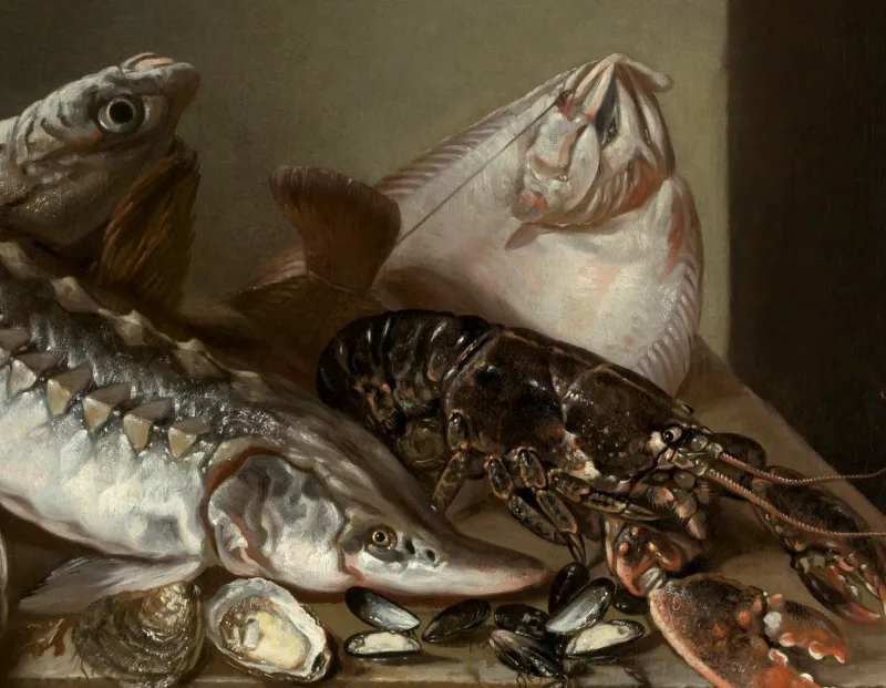 Pamono Isaac Van Duynen, Still Life with Sea Fish on Table, 17th Century, Oil Painting, Framed> Old Masters