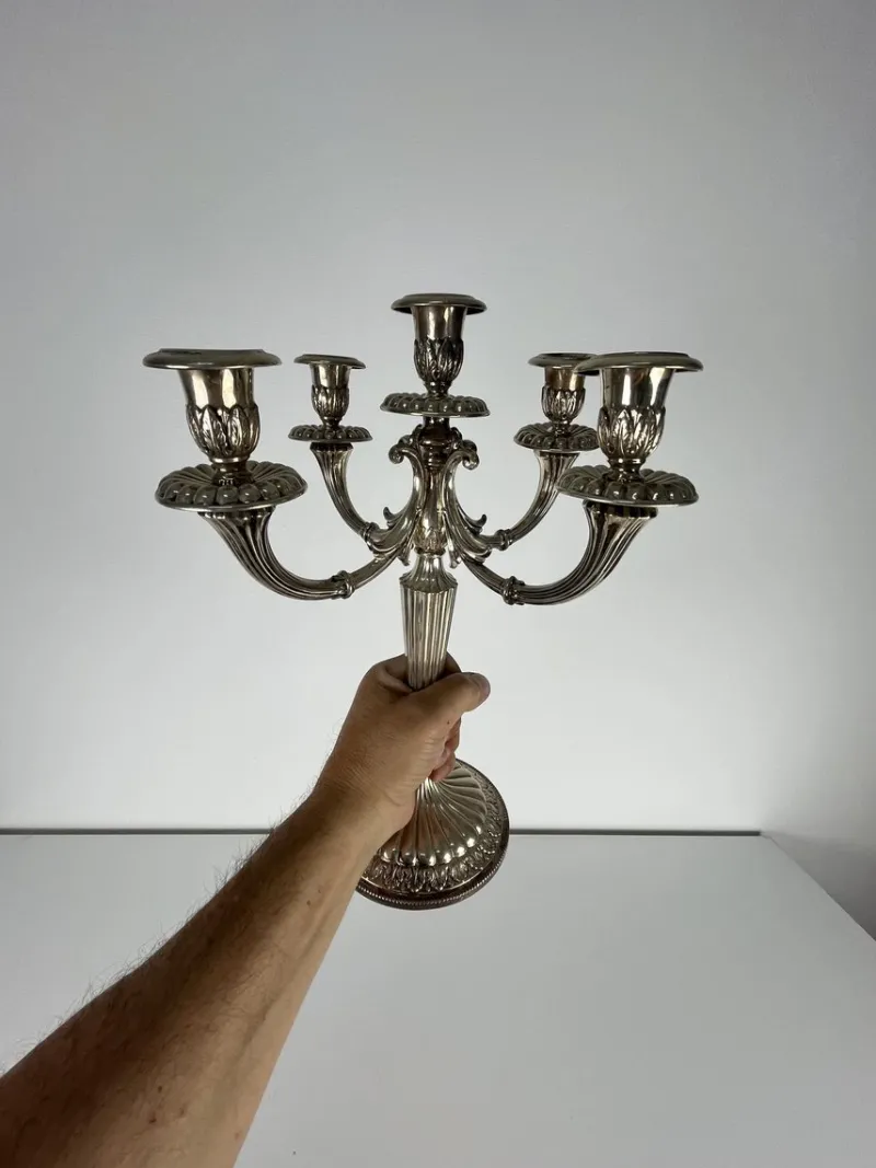 Pamono Italian 800 Silver 5-Flame Candlesticks, 1980s, Set of 2> Candleholders
