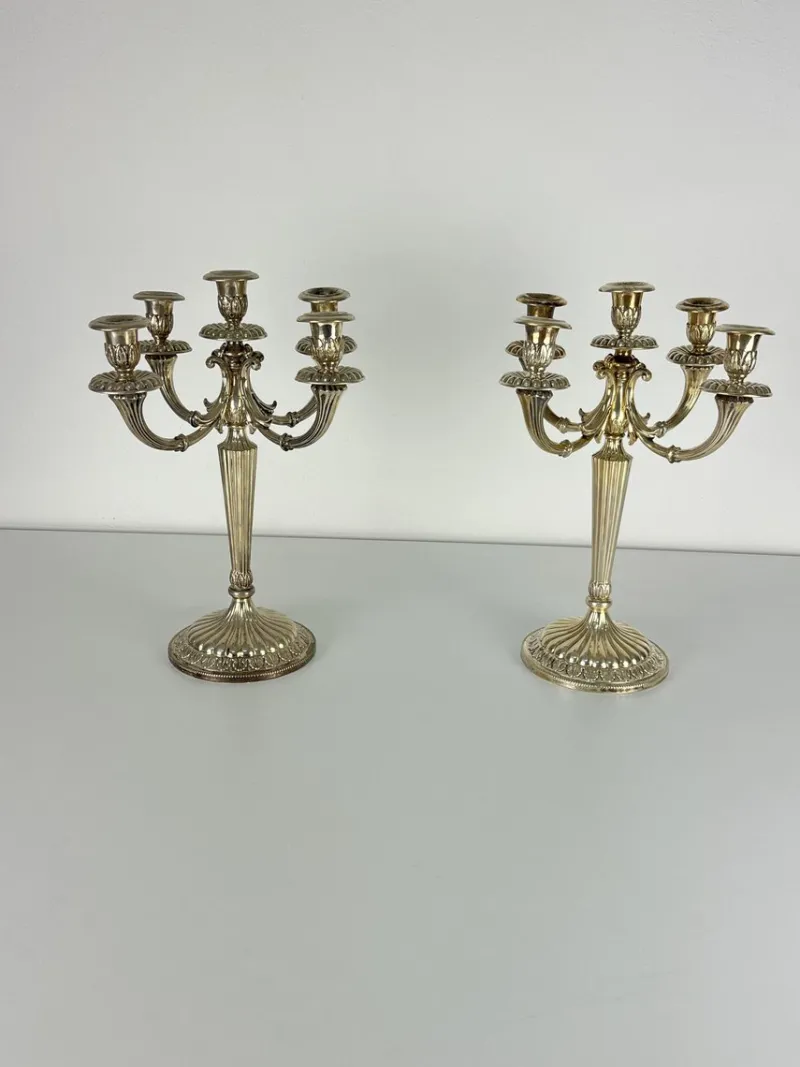 Pamono Italian 800 Silver 5-Flame Candlesticks, 1980s, Set of 2> Candleholders