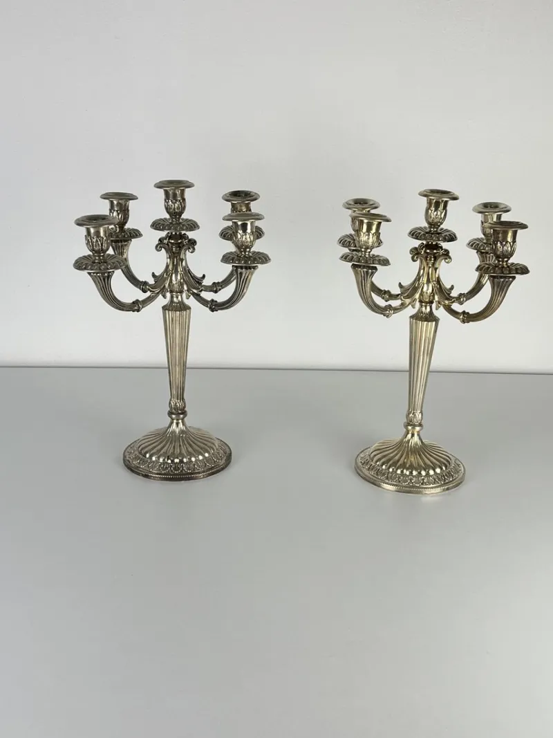 Pamono Italian 800 Silver 5-Flame Candlesticks, 1980s, Set of 2> Candleholders