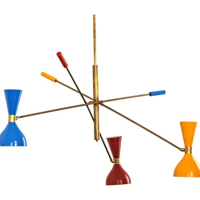 New Pamono Italian Adjustable Three-Arm Triennale Style Chandelier, Brass Patinated