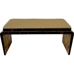 Pamono Italian Art Deco Bench in Olive Ash Burl and Macassar with Faux Leather Seat, 1940s