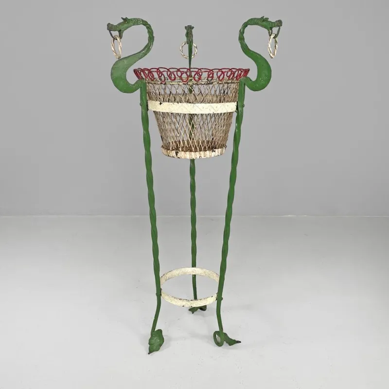 Pamono Italian Art Nouveau White Green Wrought Iron Vase Holders with Dragons, 1900s, Set of 2> Garden Tables