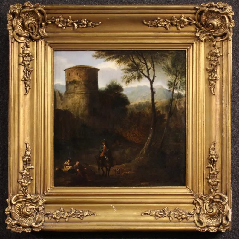 Pamono Italian Artist, Arcadian Landscape with Knight, 18th Century, Oil on Panel, Framed> Painting