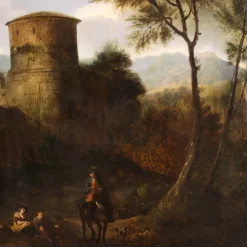 Pamono Italian Artist, Arcadian Landscape with Knight, 18th Century, Oil on Panel, Framed> Painting