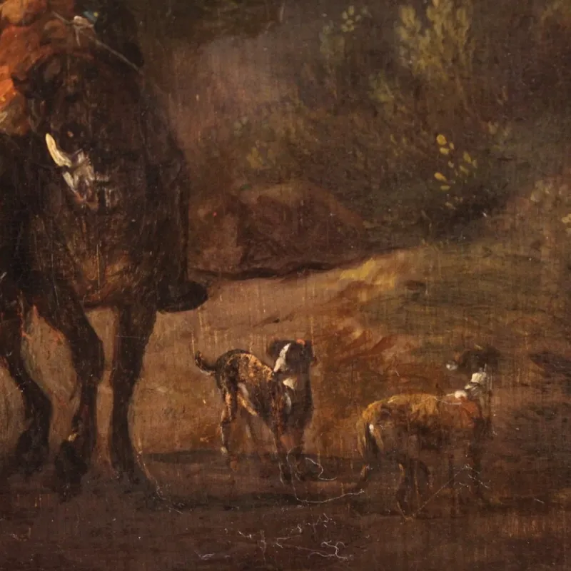 Pamono Italian Artist, Arcadian Landscape with Knight, 18th Century, Oil on Panel, Framed> Painting