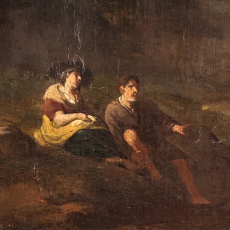 Pamono Italian Artist, Arcadian Landscape with Knight, 18th Century, Oil on Panel, Framed> Painting