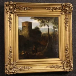 Pamono Italian Artist, Arcadian Landscape with Knight, 18th Century, Oil on Panel, Framed><noscript><img width=