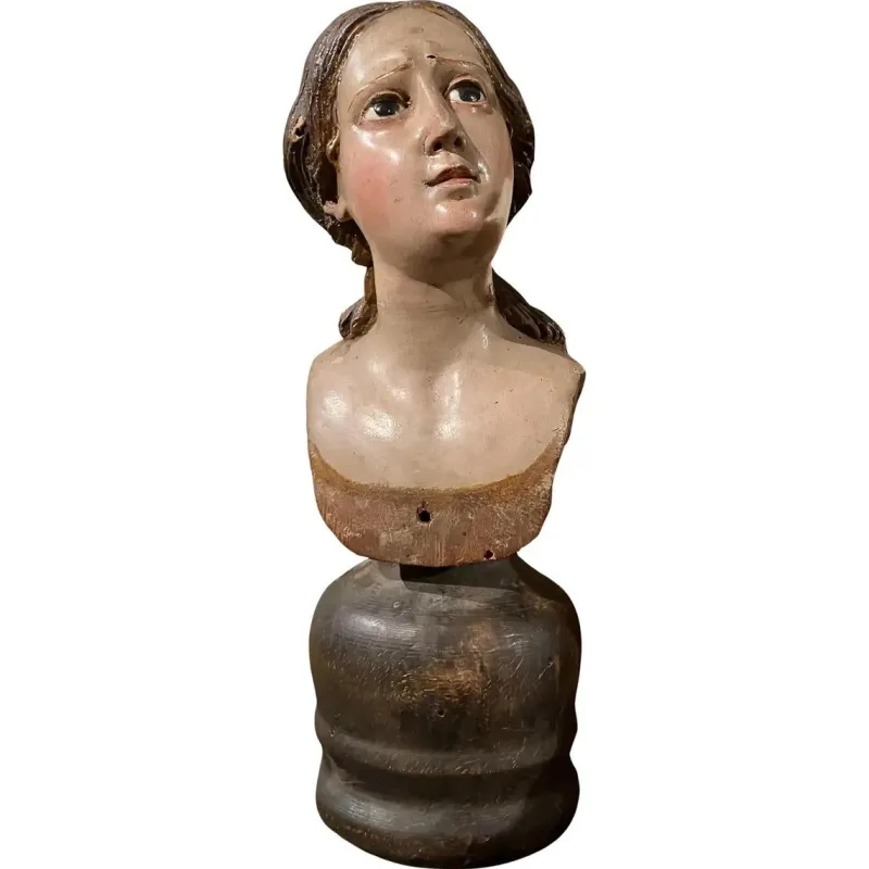 New Pamono Italian Artist, Carved Polychrome Female Bust Sculpture, 1700s, Lacquered Wood