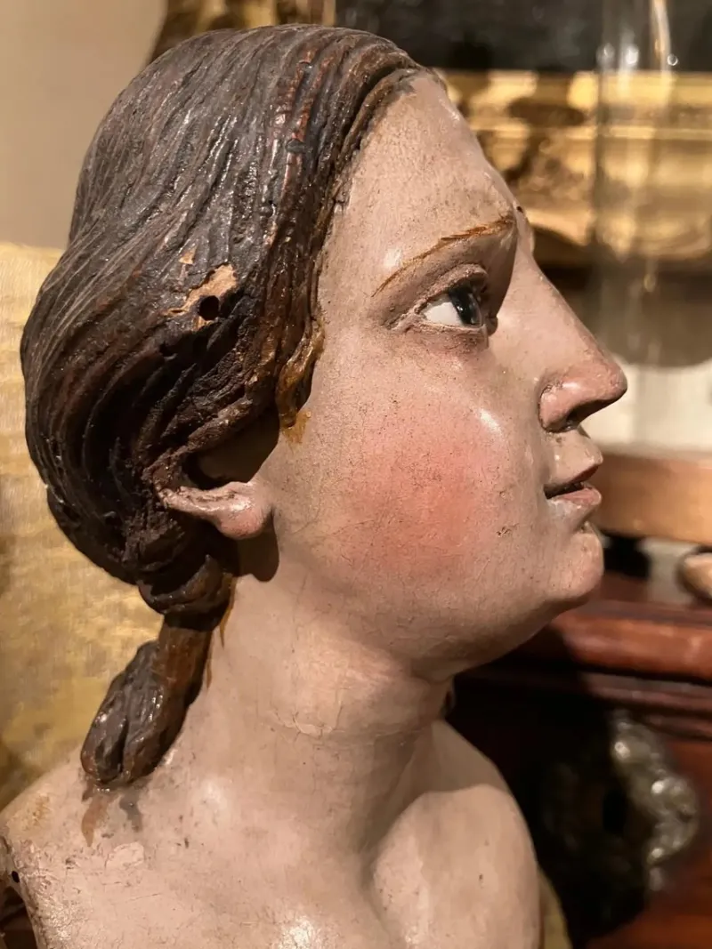 New Pamono Italian Artist, Carved Polychrome Female Bust Sculpture, 1700s, Lacquered Wood