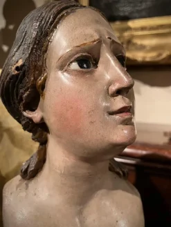 New Pamono Italian Artist, Carved Polychrome Female Bust Sculpture, 1700s, Lacquered Wood
