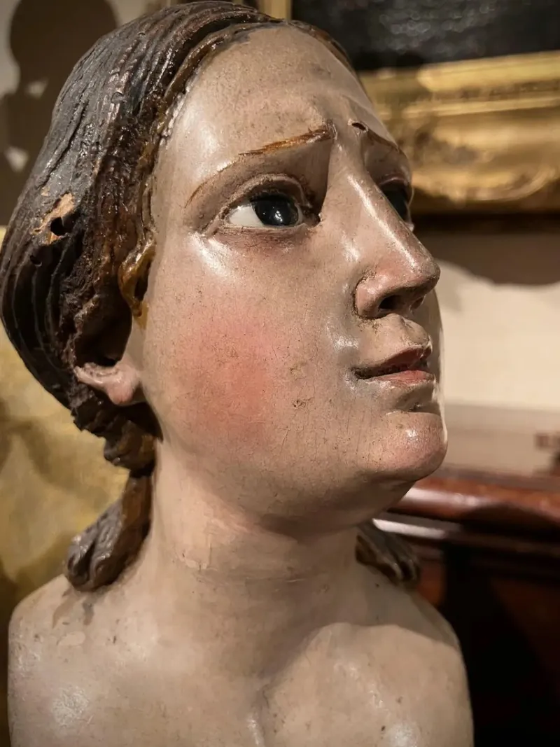 New Pamono Italian Artist, Carved Polychrome Female Bust Sculpture, 1700s, Lacquered Wood