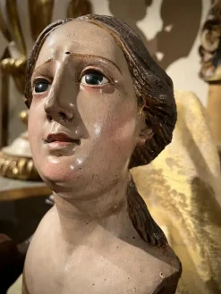 New Pamono Italian Artist, Carved Polychrome Female Bust Sculpture, 1700s, Lacquered Wood
