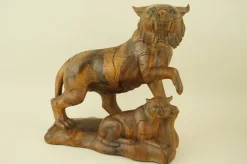 Pamono Italian Artist, Large Art Deco Maternity with Tigers Sculptures, Early 1900s, Cherry Wood, Set of 2><noscript><img width=