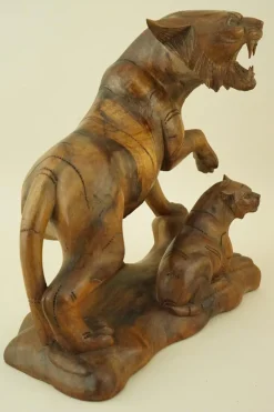 Pamono Italian Artist, Large Art Deco Maternity with Tigers Sculptures, Early 1900s, Cherry Wood, Set of 2><noscript><img width=